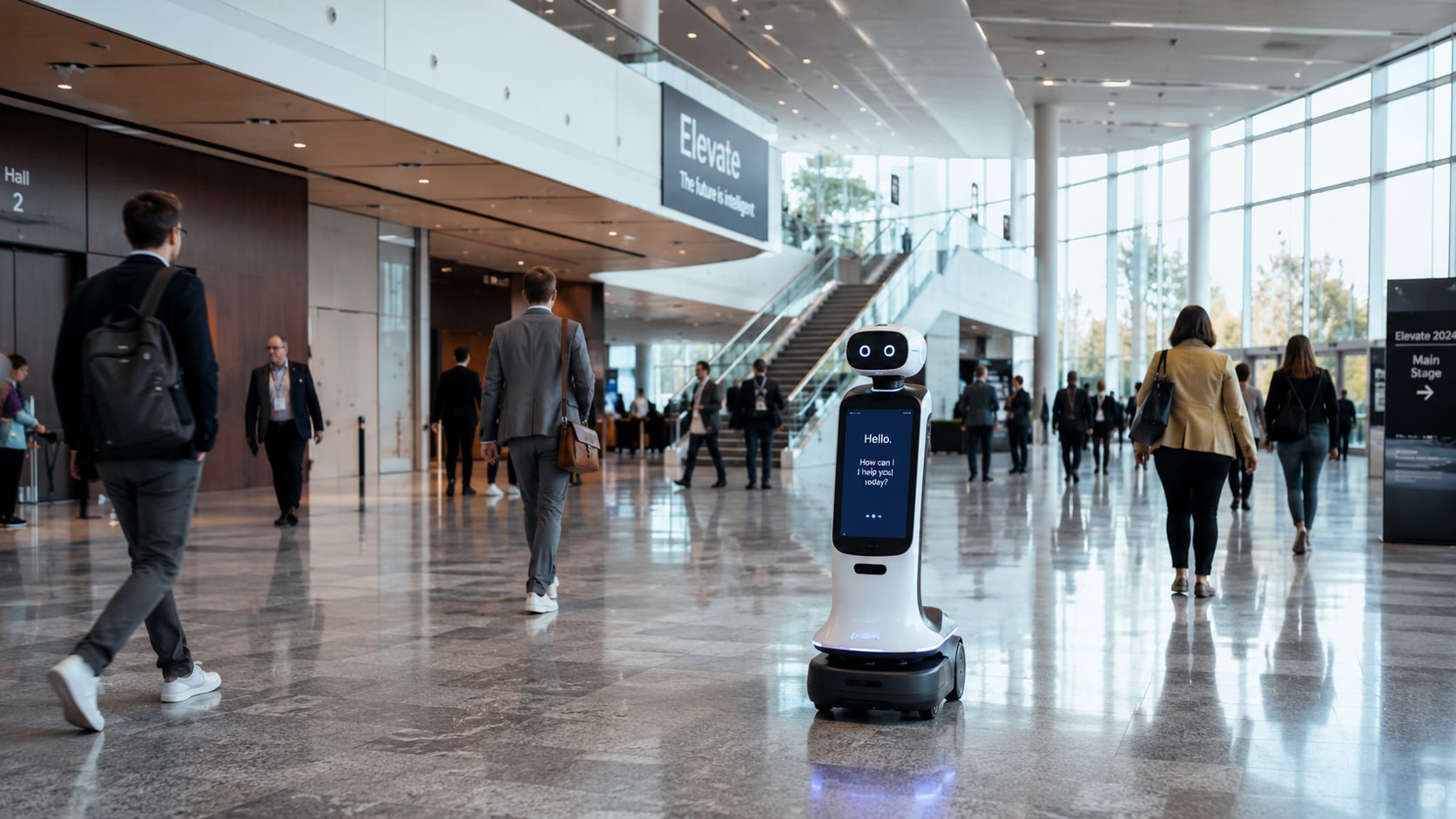 Humanoid robot serving guests at a corporate event